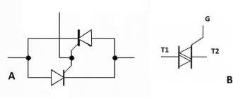 Схема на двух тиристорах, как эквивалент симистора, и его условно графическое обозначение