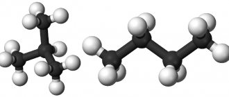 Schematic representation of butane (R600) and isobutane (R600a) molecules